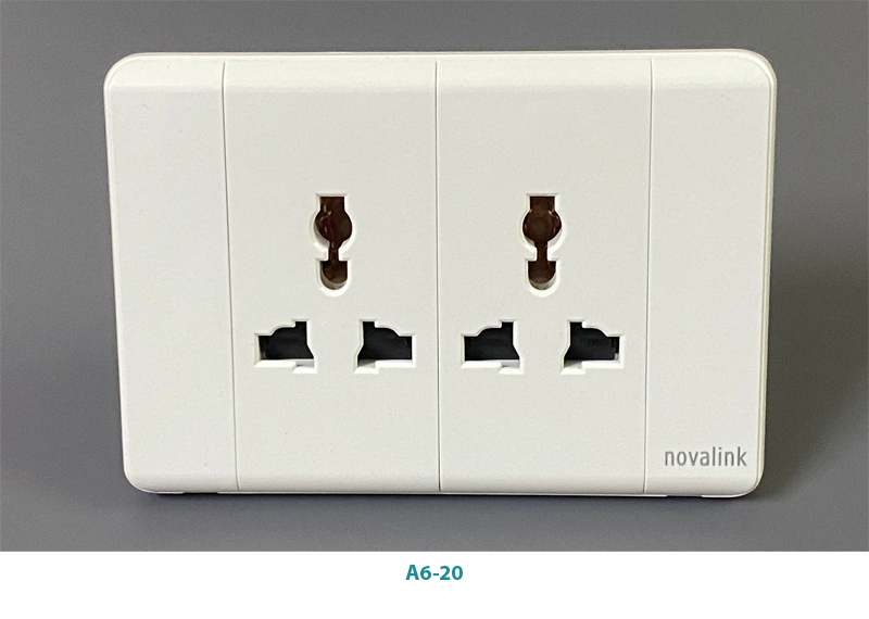Mặt ổ điện đôi 3 châu đa năng 16A novalink A6-20 cao cấp màu trắng sứ